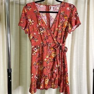 Rust Floral Print Faux Wrap Dress